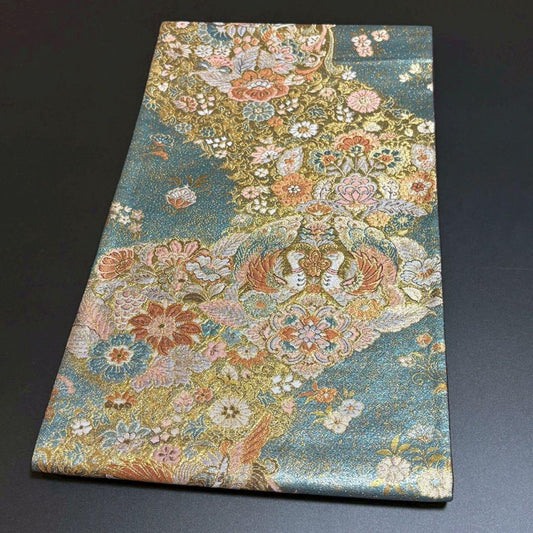 6158# Japanese Vintage Fukuro Obi Belt Kimono Fabric Silk Traditional Blue