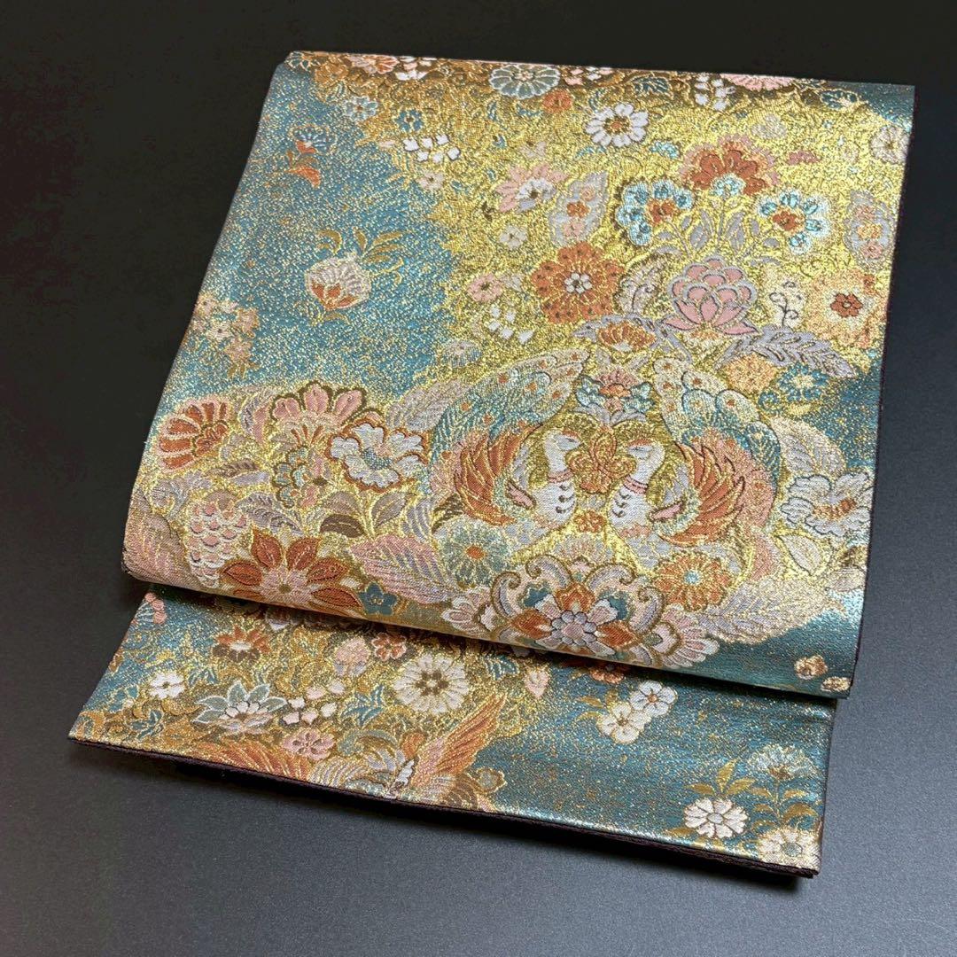 6158# Japanese Vintage Fukuro Obi Belt Kimono Fabric Silk Traditional Blue