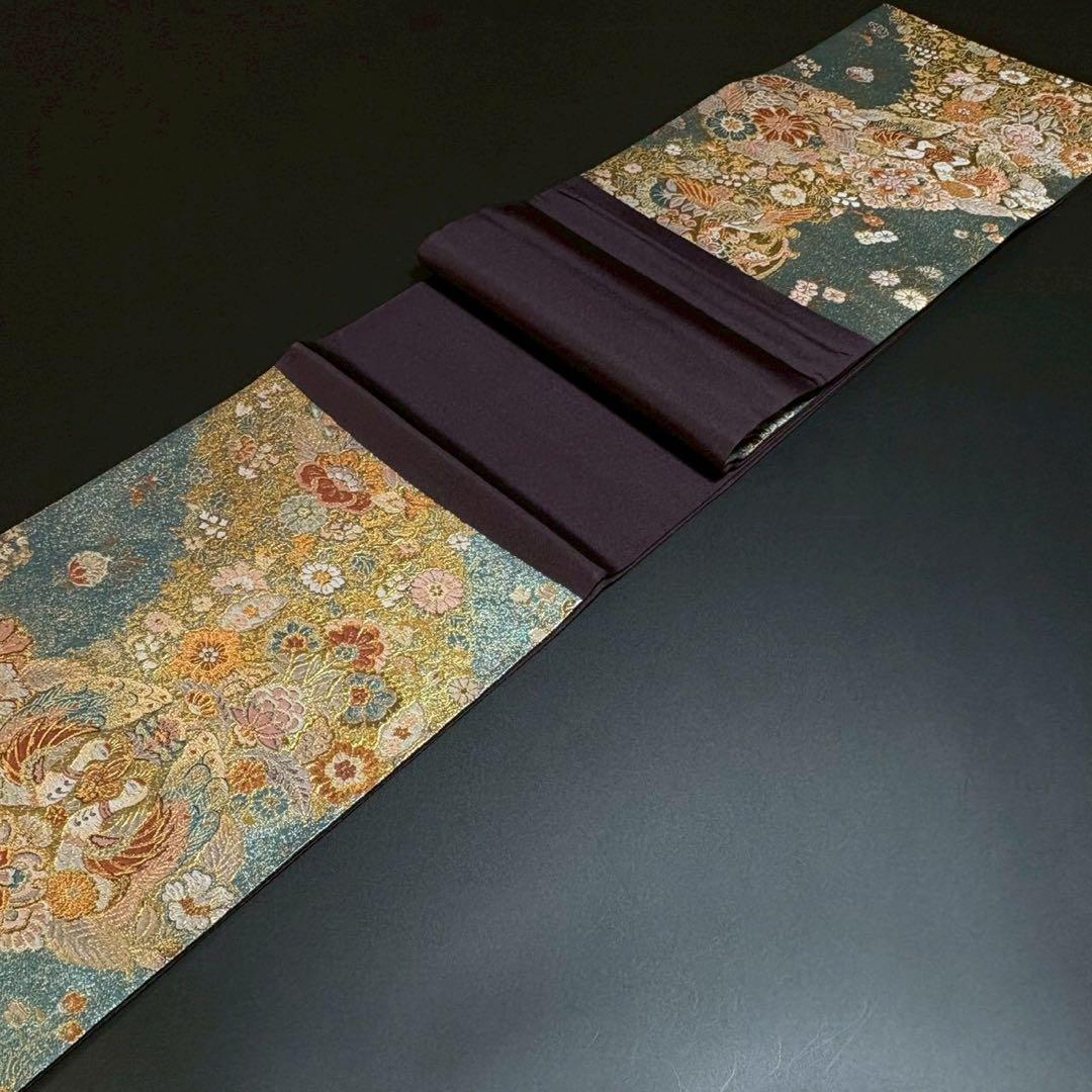 6158# Japanese Vintage Fukuro Obi Belt Kimono Fabric Silk Traditional Blue