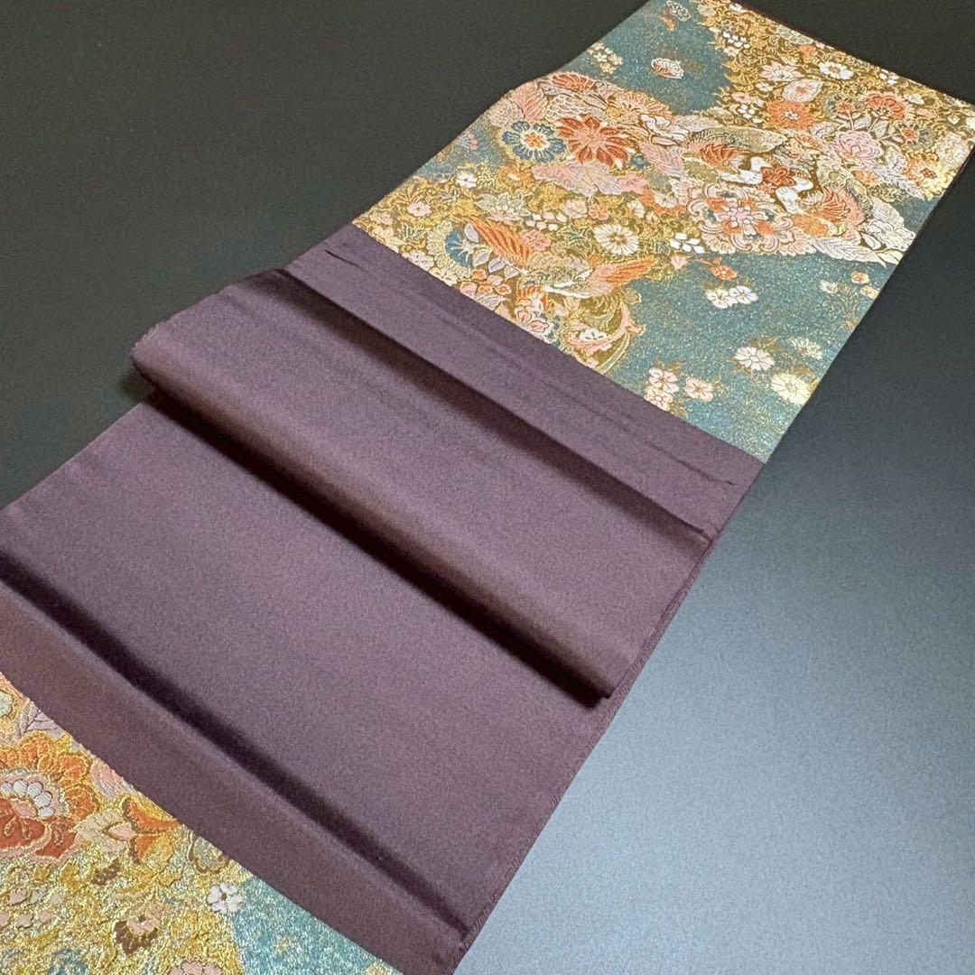 6158# Japanese Vintage Fukuro Obi Belt Kimono Fabric Silk Traditional Blue