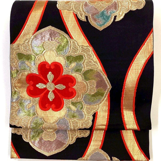 3643# Japanese Vintage Fukuro Obi Belt Kimono Fabric Silk Traditional Black