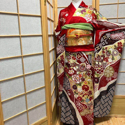5461# Japanese Vintage Furisode Kimono Obi Obijime Obiage 4-Piece Set Silk Robe