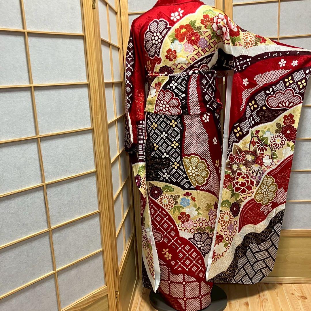 5461# Japanese Vintage Furisode Kimono Obi Obijime Obiage 4-Piece Set Silk Robe