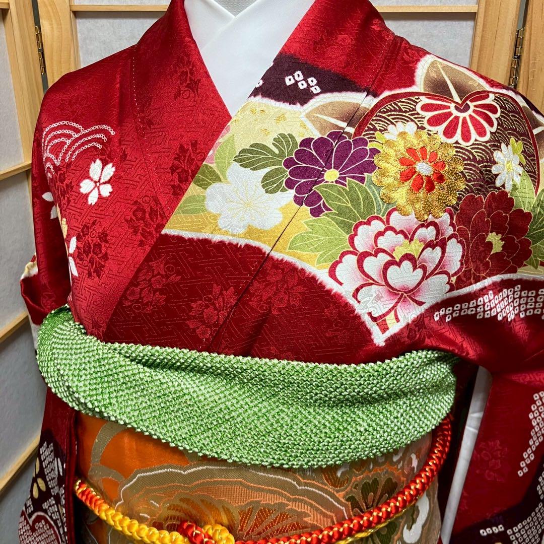 5461# Japanese Vintage Furisode Kimono Obi Obijime Obiage 4-Piece Set Silk Robe