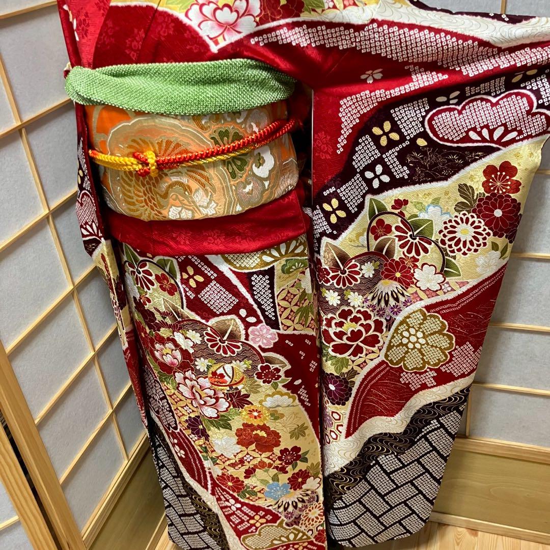 5461# Japanese Vintage Furisode Kimono Obi Obijime Obiage 4-Piece Set Silk Robe