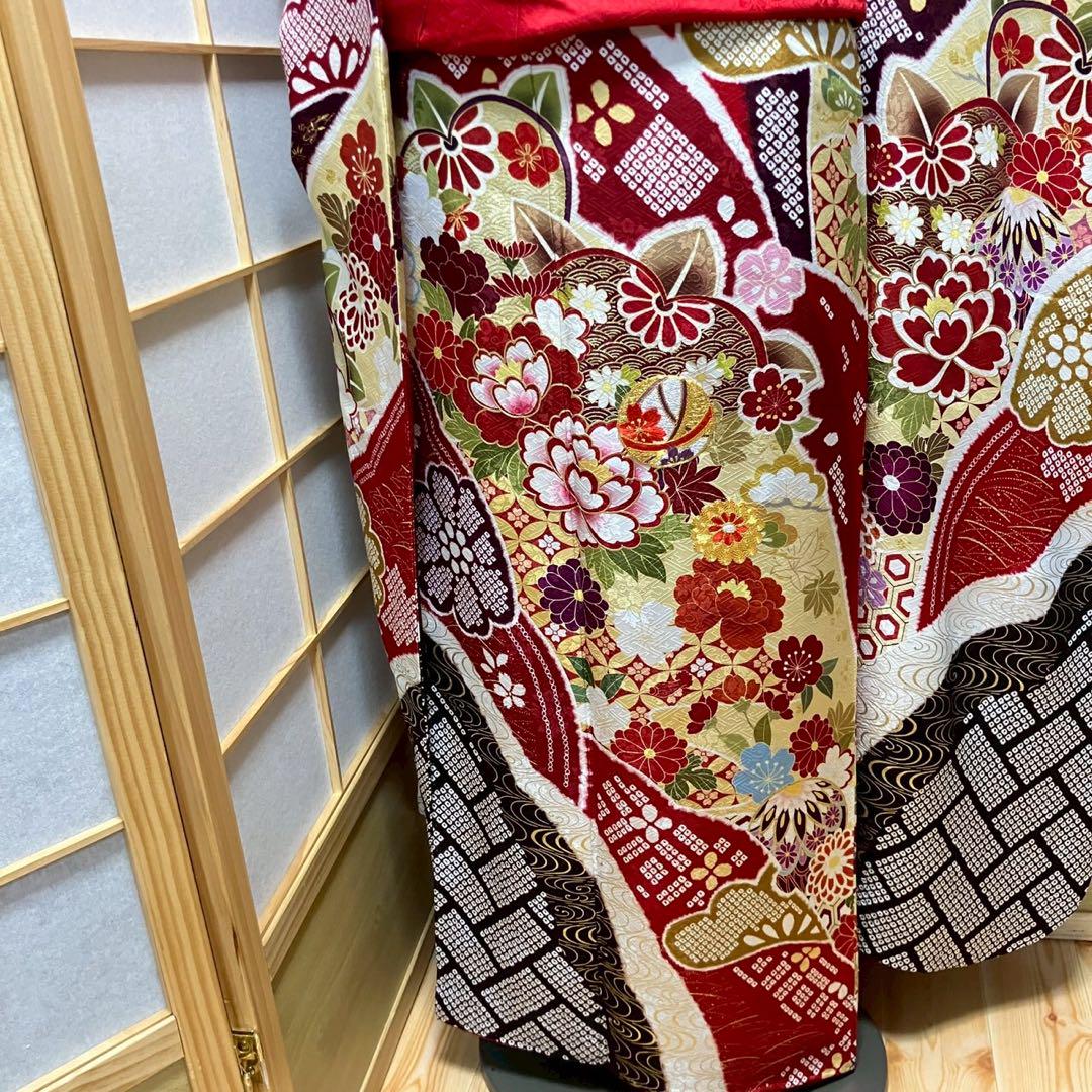 5461# Japanese Vintage Furisode Kimono Obi Obijime Obiage 4-Piece Set Silk Robe