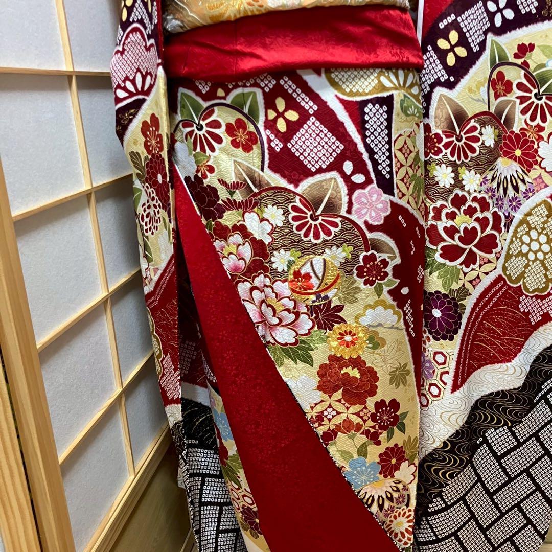 5461# Japanese Vintage Furisode Kimono Obi Obijime Obiage 4-Piece Set Silk Robe