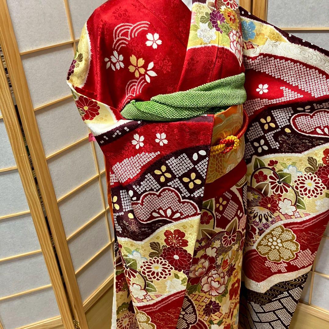 5461# Japanese Vintage Furisode Kimono Obi Obijime Obiage 4-Piece Set Silk Robe