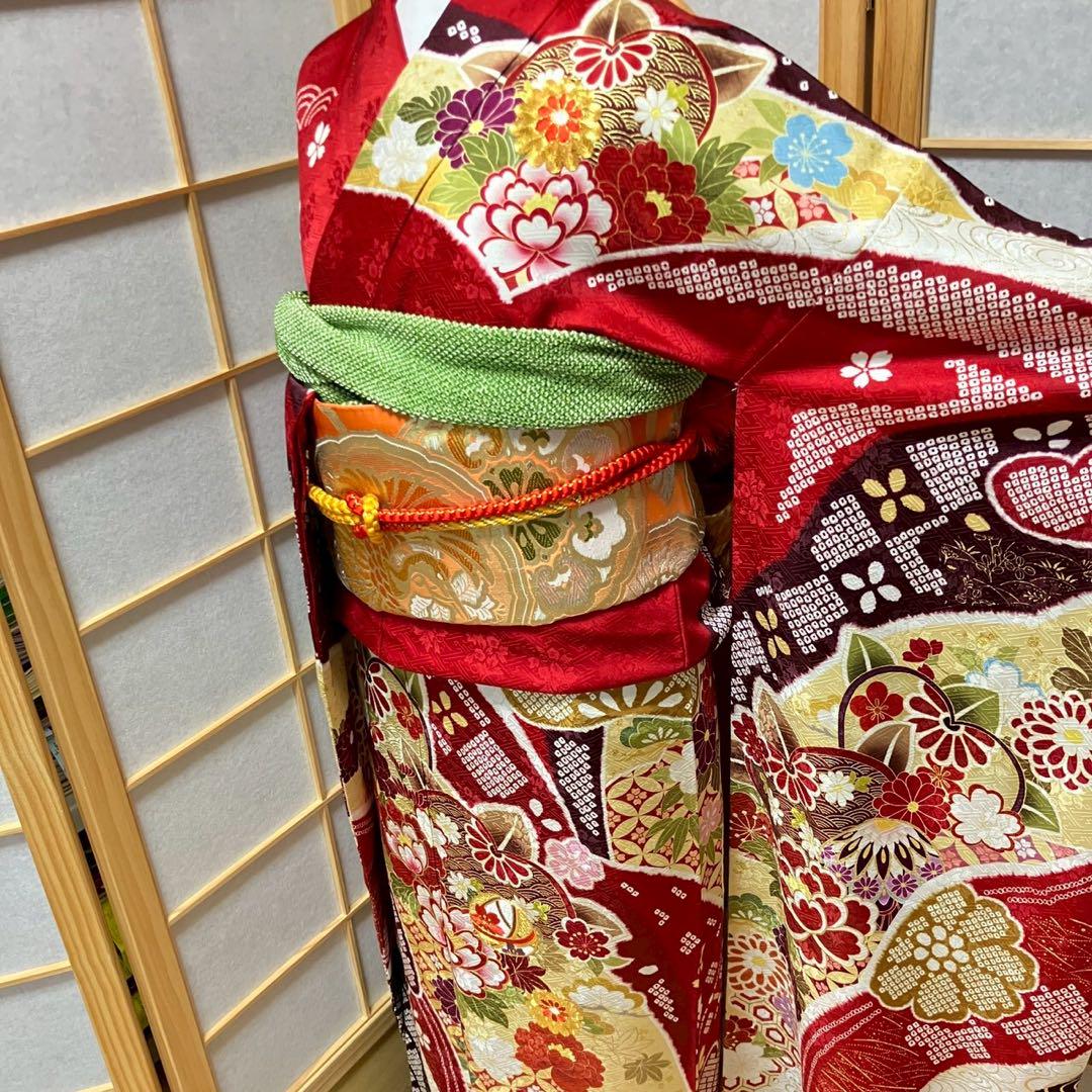 5461# Japanese Vintage Furisode Kimono Obi Obijime Obiage 4-Piece Set Silk Robe