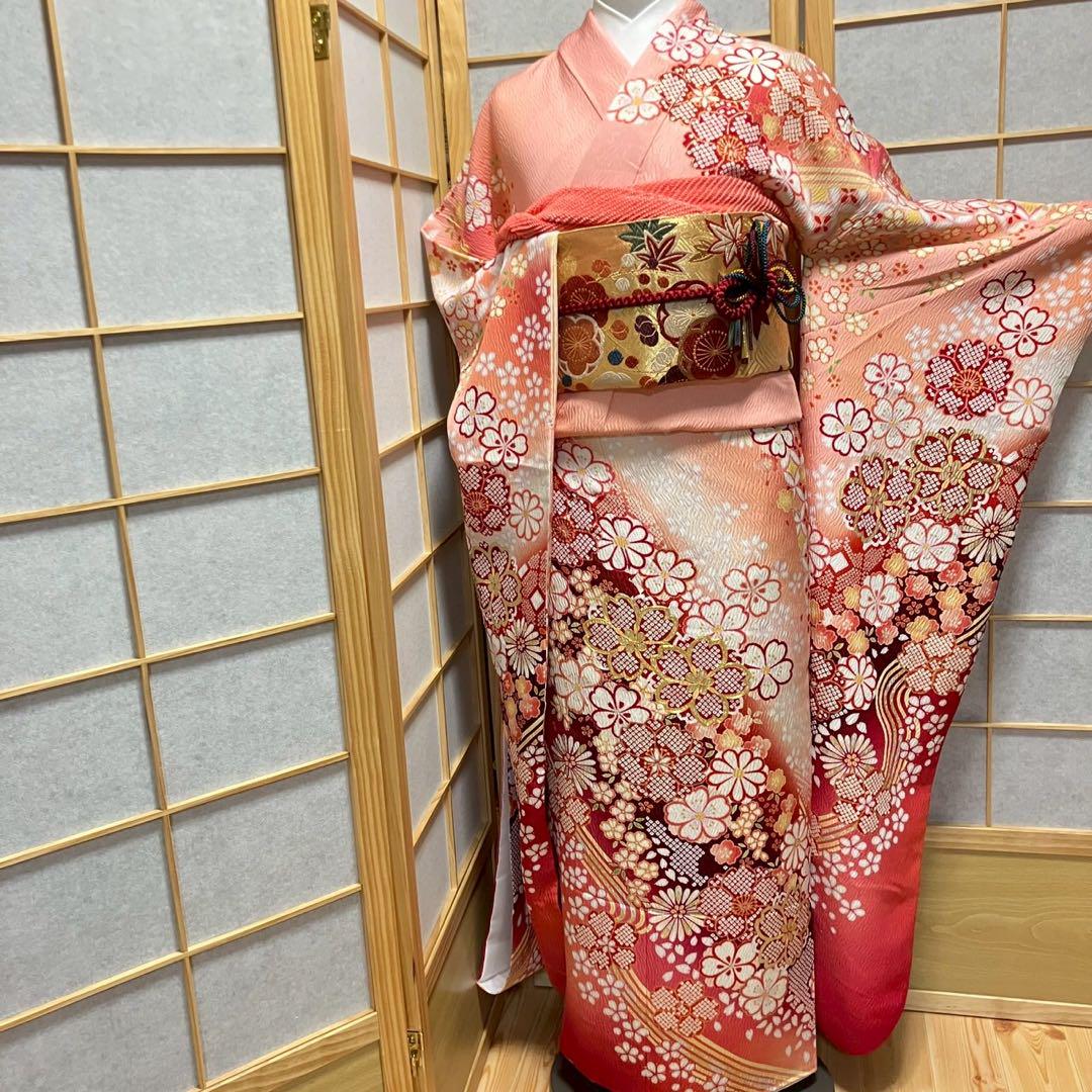 4885# Japanese Vintage Furisode Kimono Obi Obijime Obiage 4-Piece Set Silk Robe