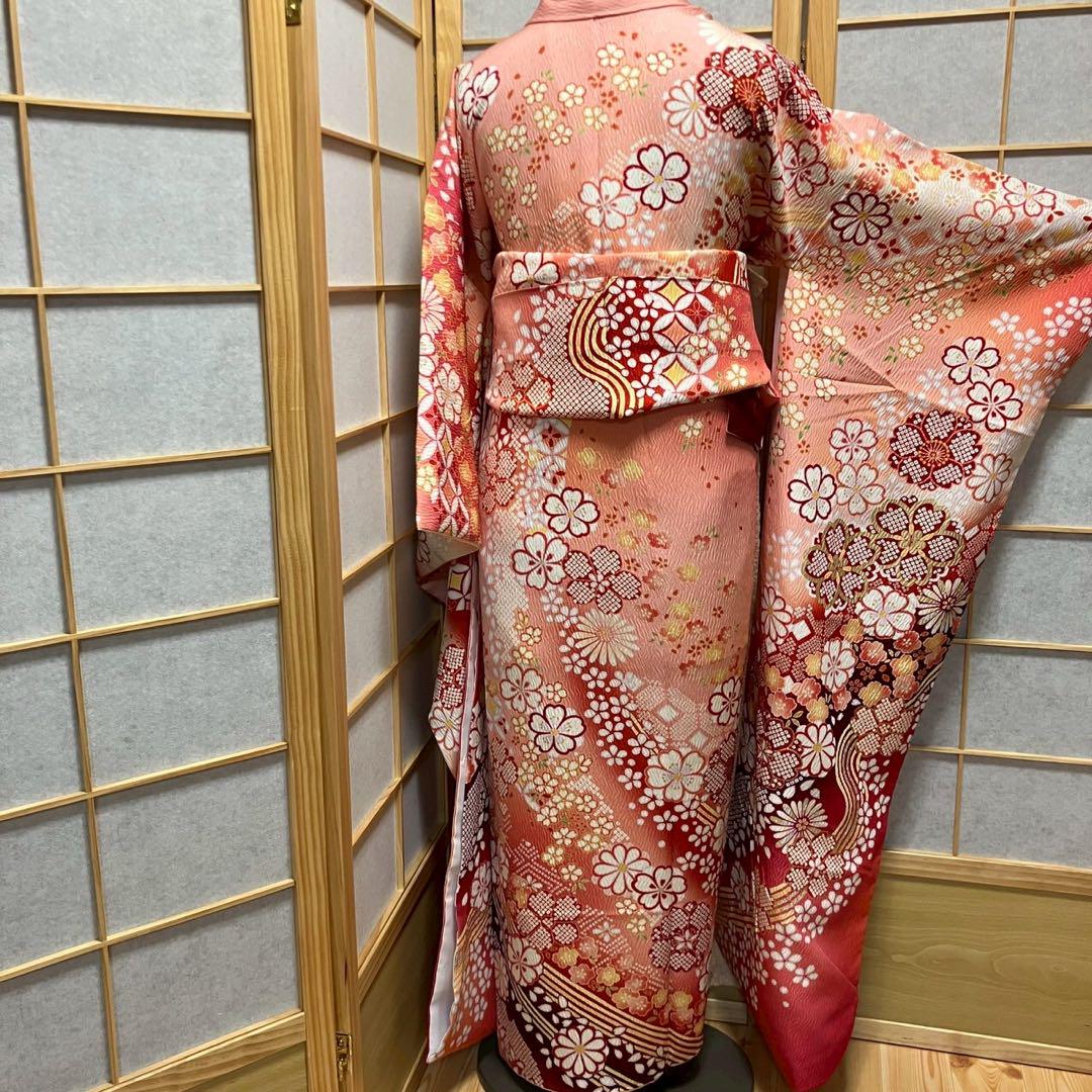4885# Japanese Vintage Furisode Kimono Obi Obijime Obiage 4-Piece Set Silk Robe