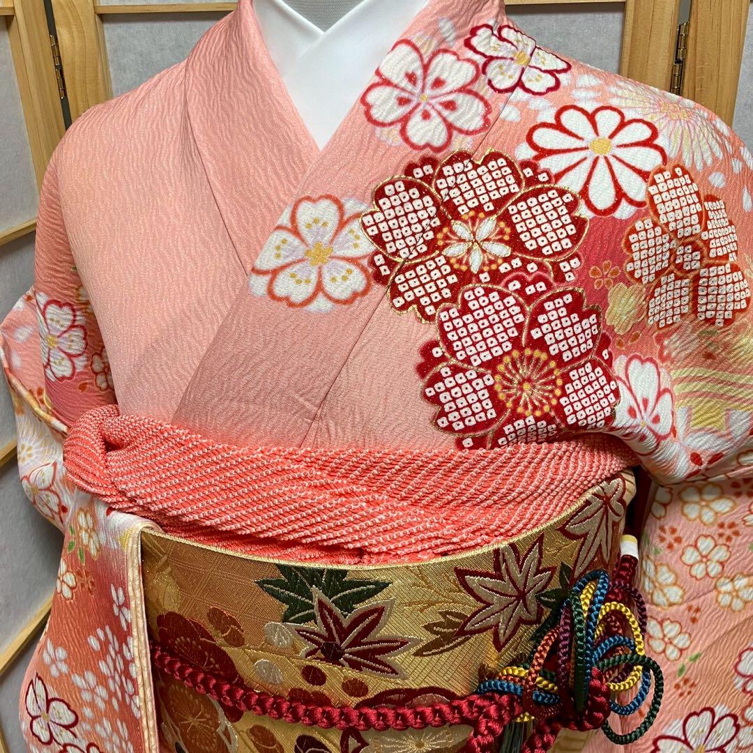 4885# Japanese Vintage Furisode Kimono Obi Obijime Obiage 4-Piece Set Silk Robe