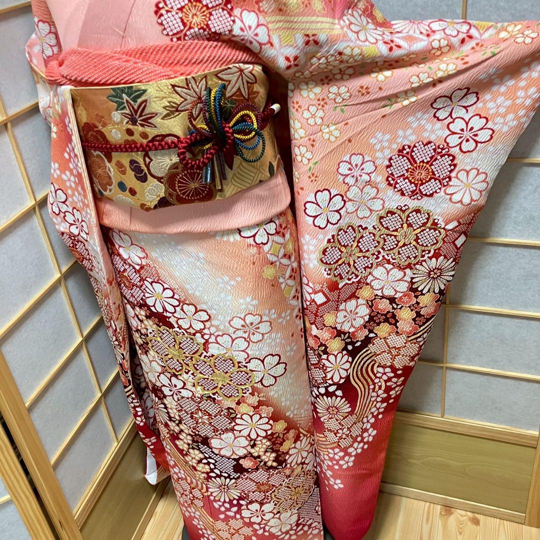 4885# Japanese Vintage Furisode Kimono Obi Obijime Obiage 4-Piece Set Silk Robe