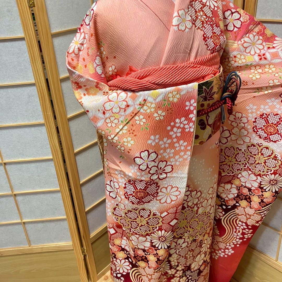 4885# Japanese Vintage Furisode Kimono Obi Obijime Obiage 4-Piece Set Silk Robe