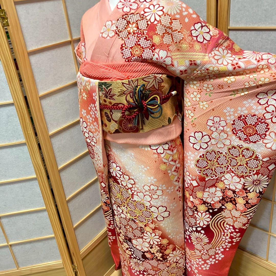 4885# Japanese Vintage Furisode Kimono Obi Obijime Obiage 4-Piece Set Silk Robe