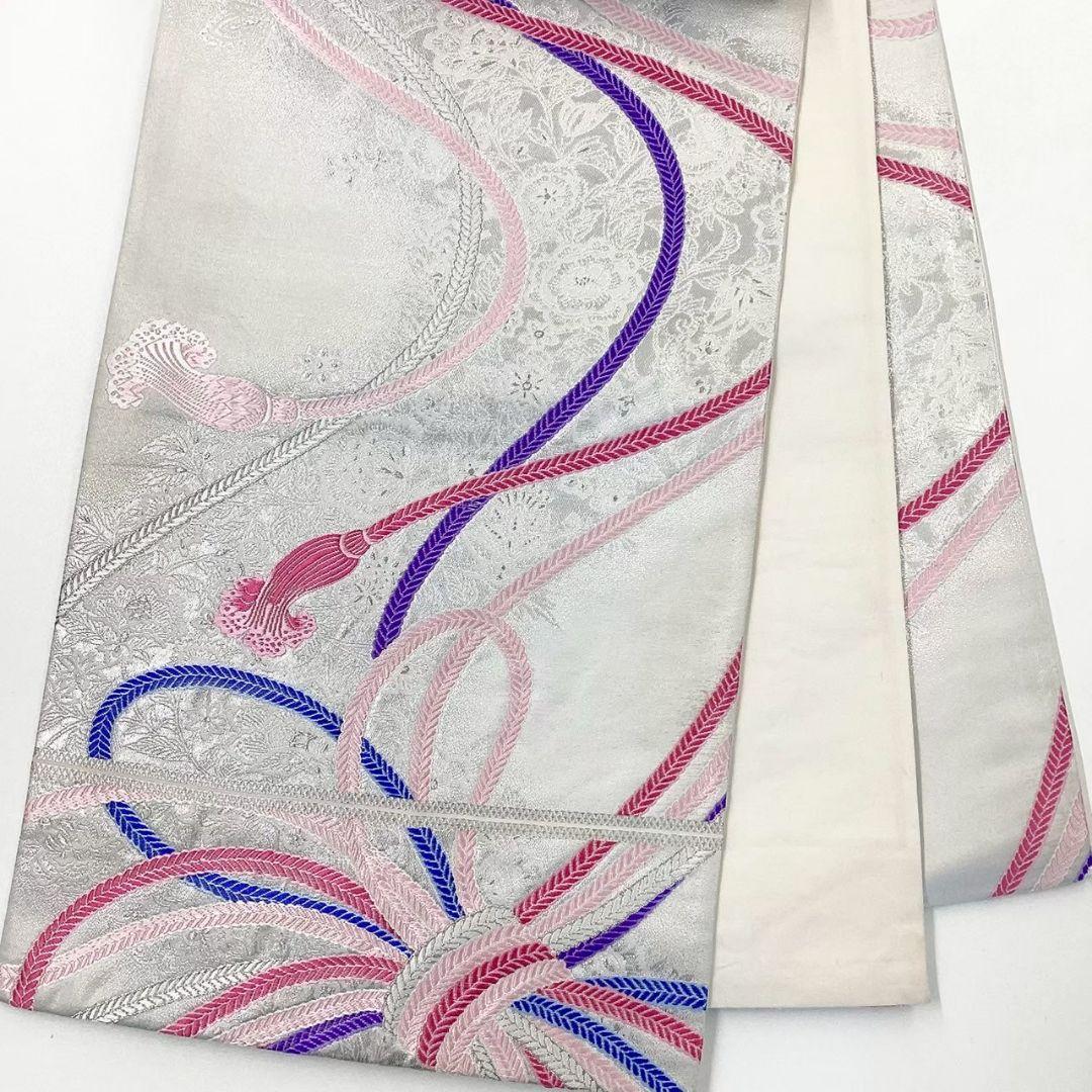 4786# Japanese Vintage Fukuro Obi Belt Kimono Fabric Silk Traditional Silver