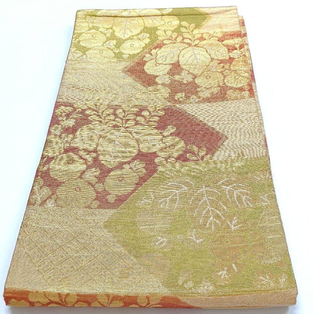 4500# Japanese Vintage Fukuro Obi Belt Kimono Fabric Silk Traditional Gold