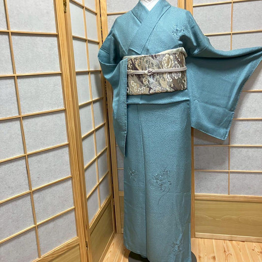 5485# Japanese Kimono Vintage Womens Silk Fabric Robe Kimono only sold Blue