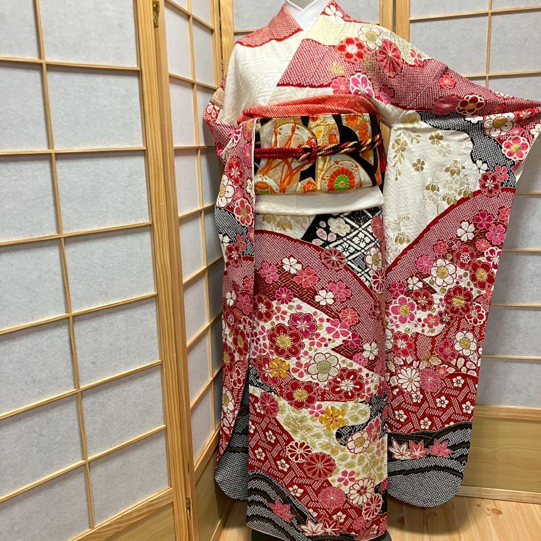 4886# Japanese Vintage Furisode Kimono Obi Obijime Obiage 4-Piece Set Silk Robe