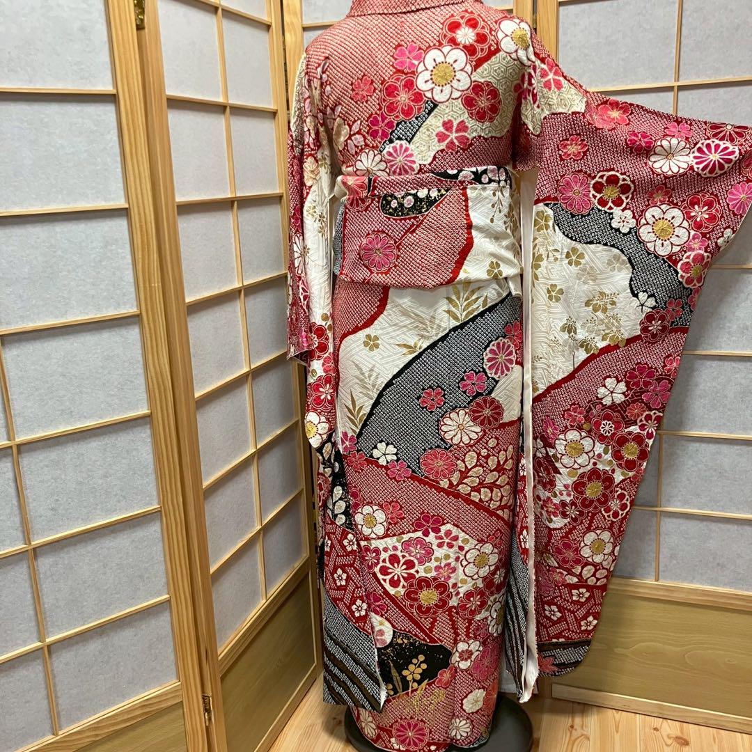 4886# Japanese Vintage Furisode Kimono Obi Obijime Obiage 4-Piece Set Silk Robe