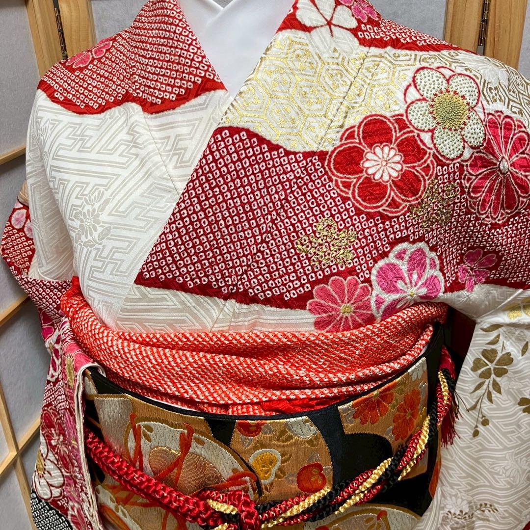 4886# Japanese Vintage Furisode Kimono Obi Obijime Obiage 4-Piece Set Silk Robe