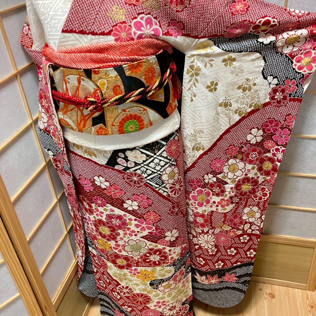 4886# Japanese Vintage Furisode Kimono Obi Obijime Obiage 4-Piece Set Silk Robe