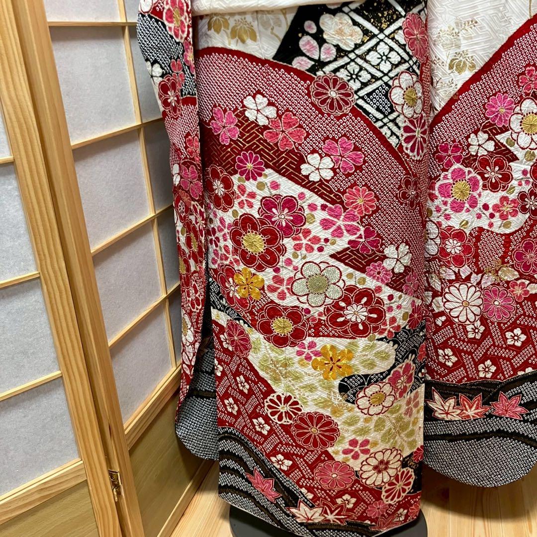 4886# Japanese Vintage Furisode Kimono Obi Obijime Obiage 4-Piece Set Silk Robe