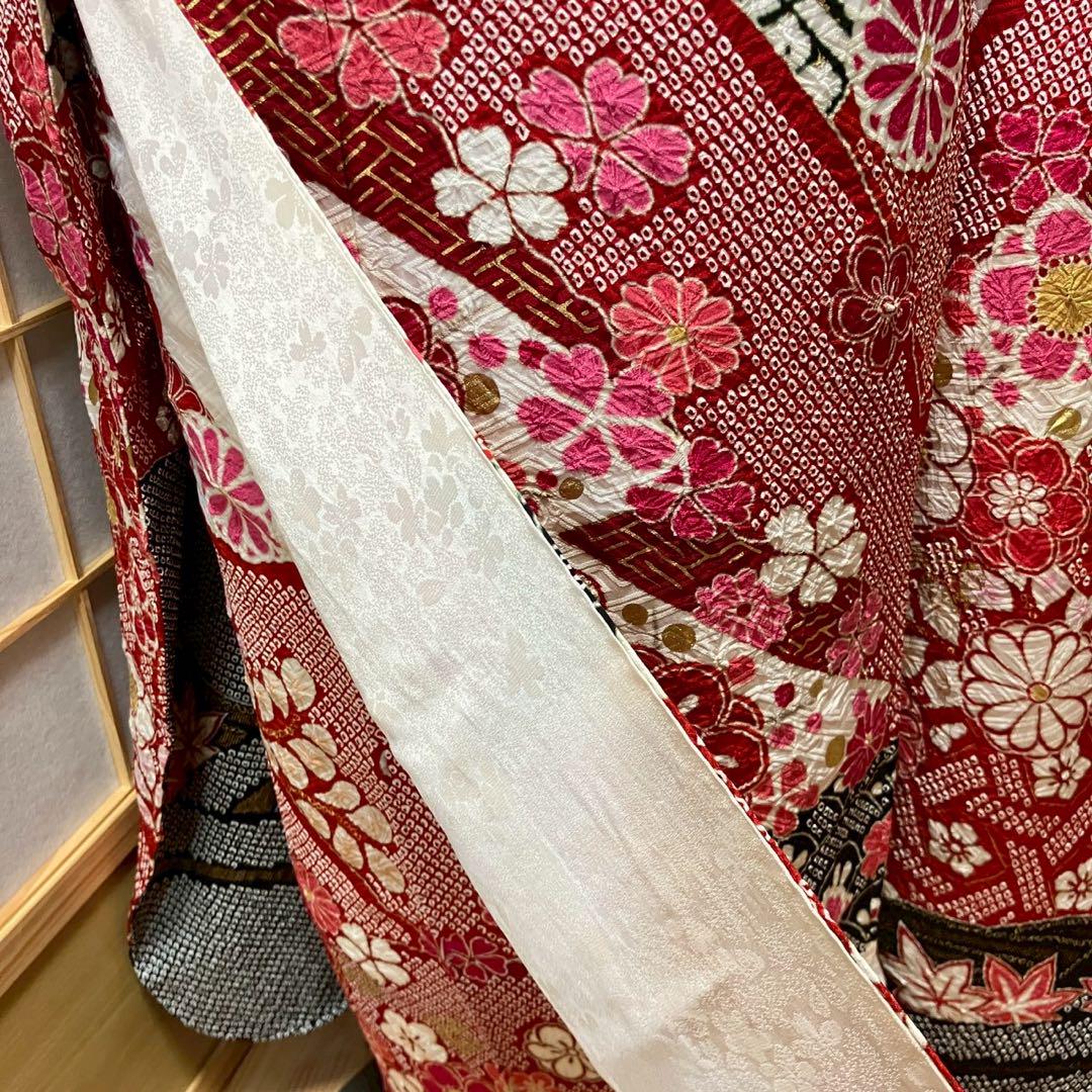 4886# Japanese Vintage Furisode Kimono Obi Obijime Obiage 4-Piece Set Silk Robe