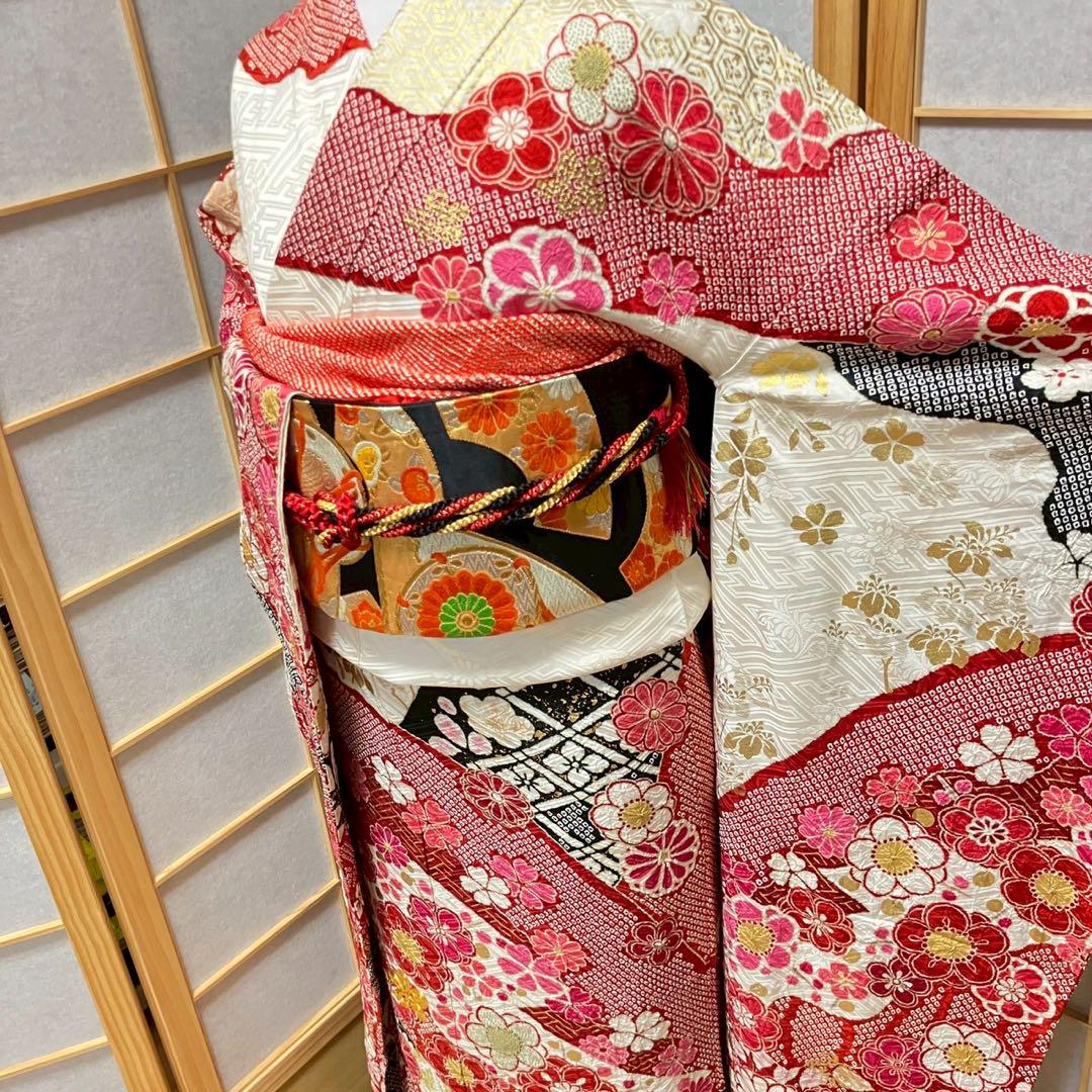 4886# Japanese Vintage Furisode Kimono Obi Obijime Obiage 4-Piece Set Silk Robe