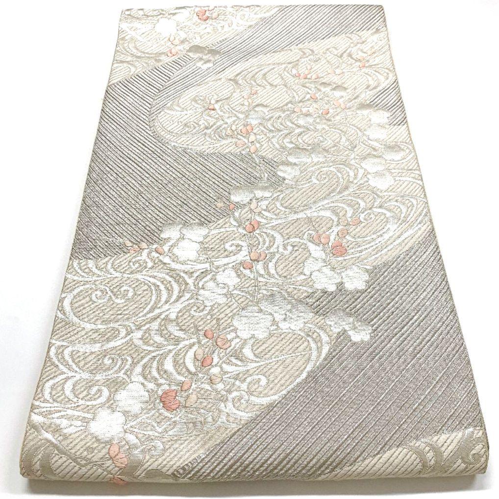 4463# Japanese Vintage Fukuro Obi Belt Kimono Fabric Silk Traditional Silver