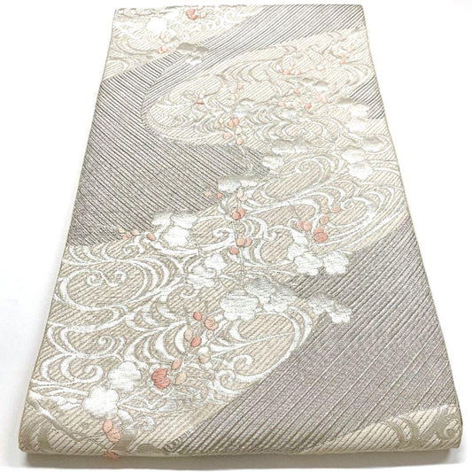 4463# Japanese Vintage Fukuro Obi Belt Kimono Fabric Silk Traditional Silver
