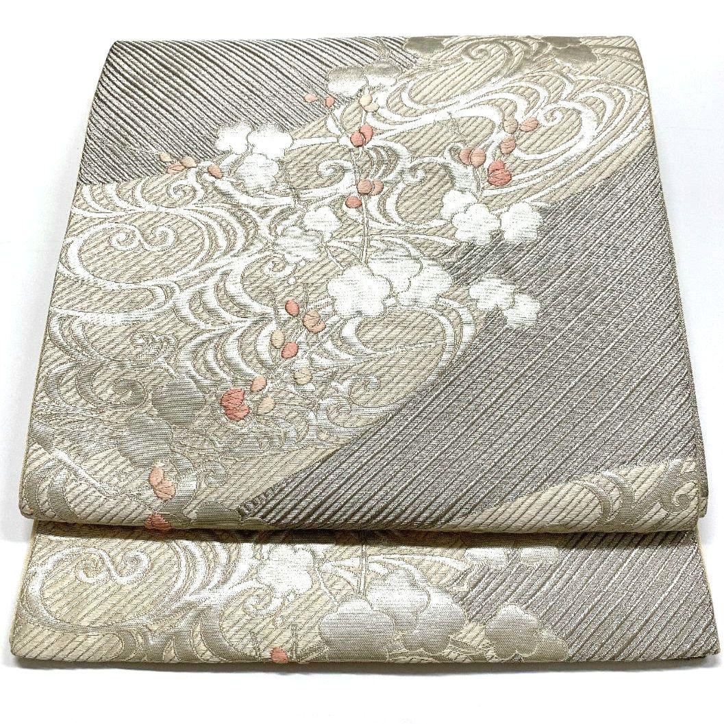 4463# Japanese Vintage Fukuro Obi Belt Kimono Fabric Silk Traditional Silver