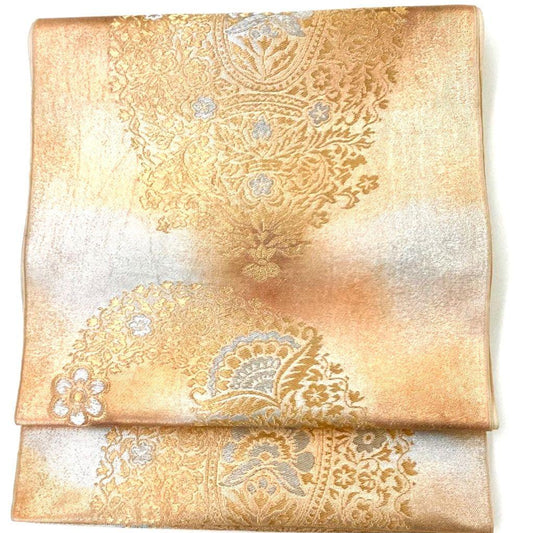 3638# Japanese Vintage Fukuro Obi Belt Kimono Fabric Silk Traditional Gold　
