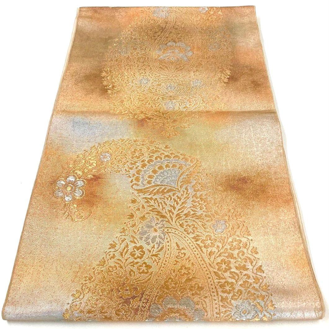 3638# Japanese Vintage Fukuro Obi Belt Kimono Fabric Silk Traditional Gold　