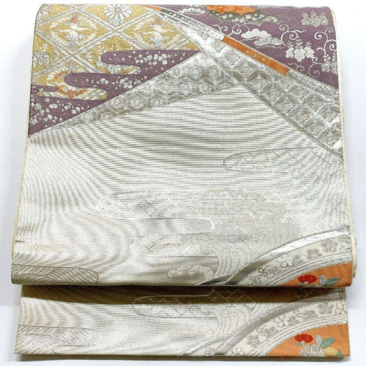 4075# Japanese Vintage Fukuro Obi Belt Kimono Fabric Silk Traditional Silver
