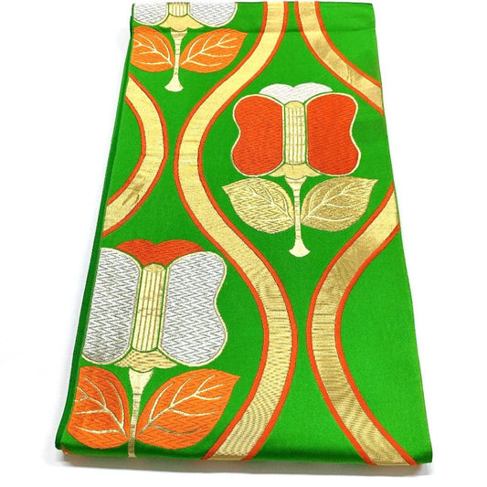 3766# Japanese Vintage Fukuro Obi Belt Kimono Fabric Silk Traditional Green