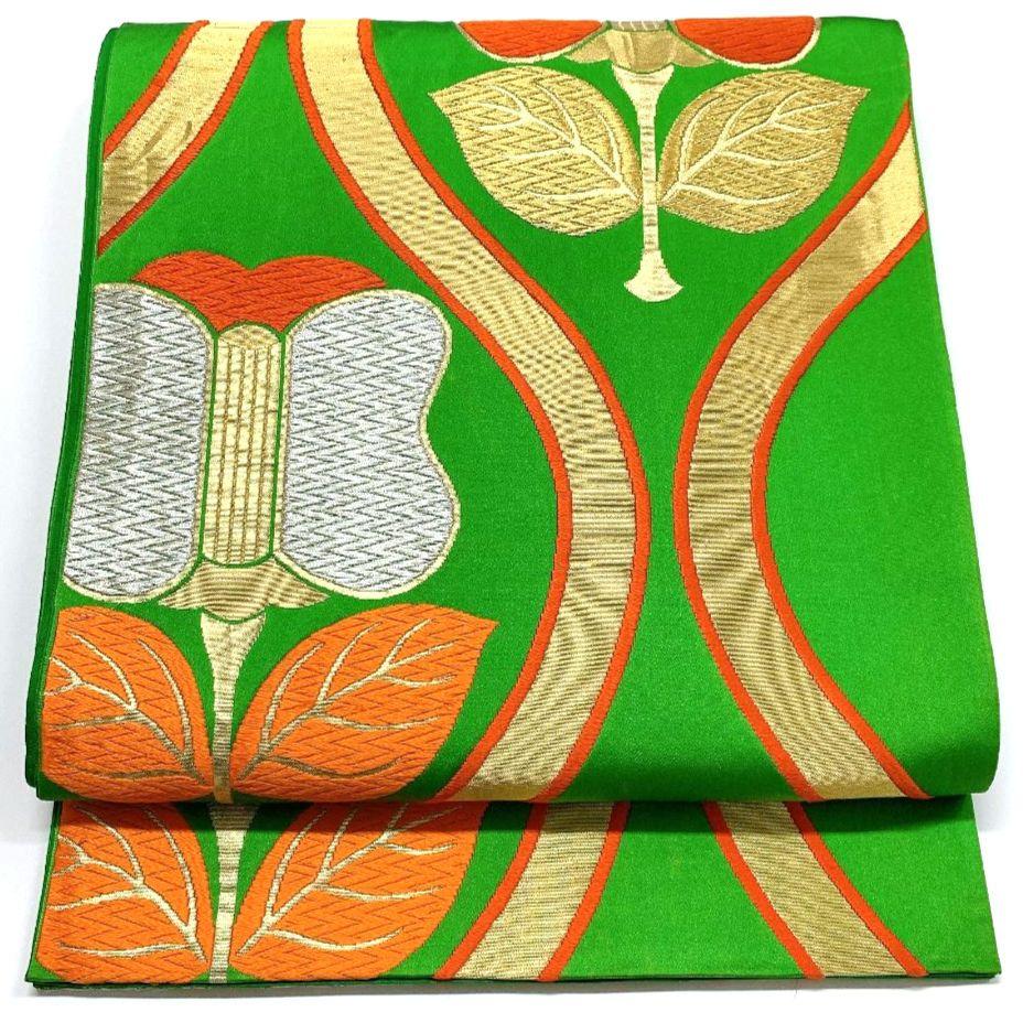 3766# Japanese Vintage Fukuro Obi Belt Kimono Fabric Silk Traditional Green