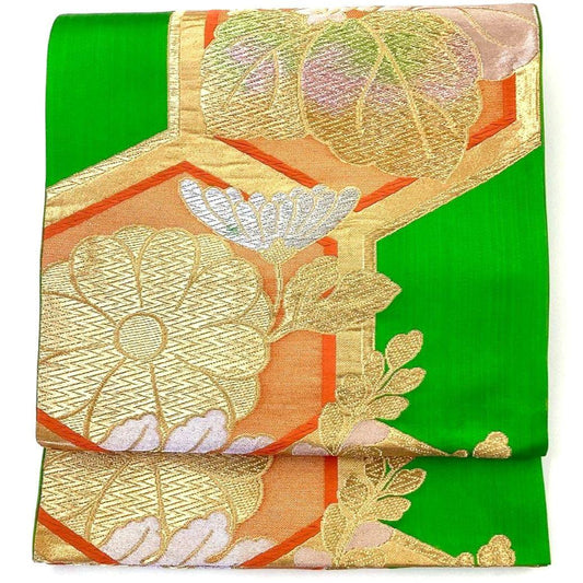 4228# Japanese Vintage Fukuro Obi Belt Kimono Fabric Silk Traditional Green