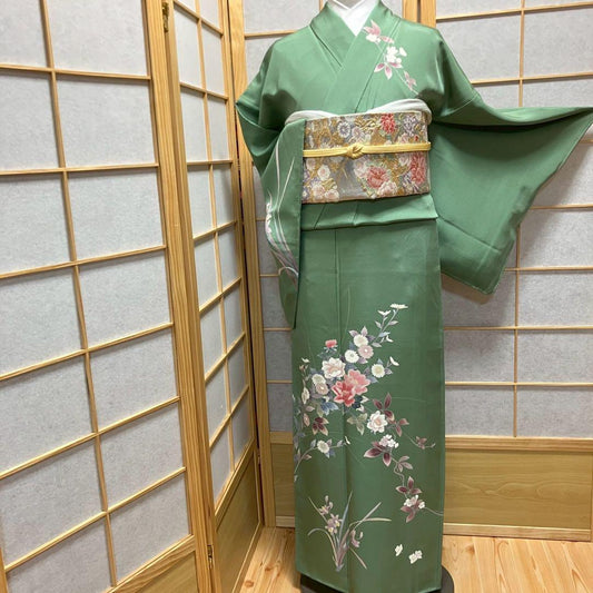 4423# Japanese Kimono Vintage Womens Silk Fabric Robe Kimono only sold Green
