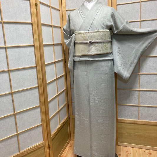 2264# Japanese Kimono Vintage Womens Silk Fabric Robe Kimono only sold Gray