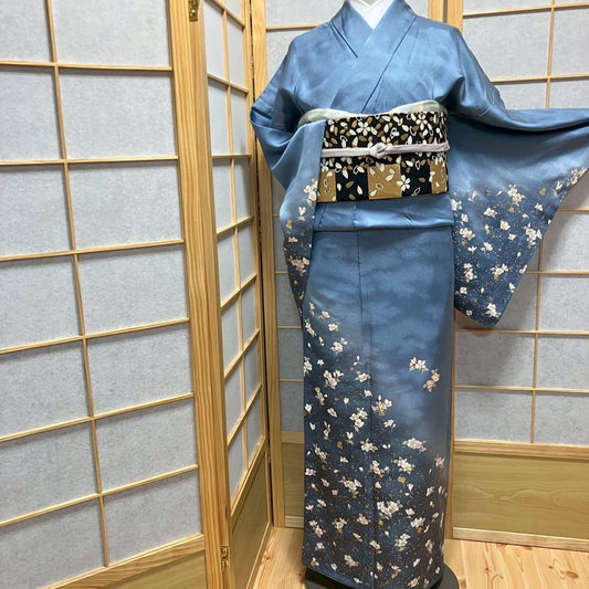 4416# Japanese Kimono Vintage Womens Silk Fabric Robe Kimono only sold Blue