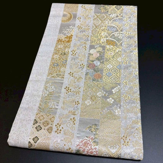 6156# Japanese Vintage Fukuro Obi Belt Kimono Fabric Silk Traditional Silver