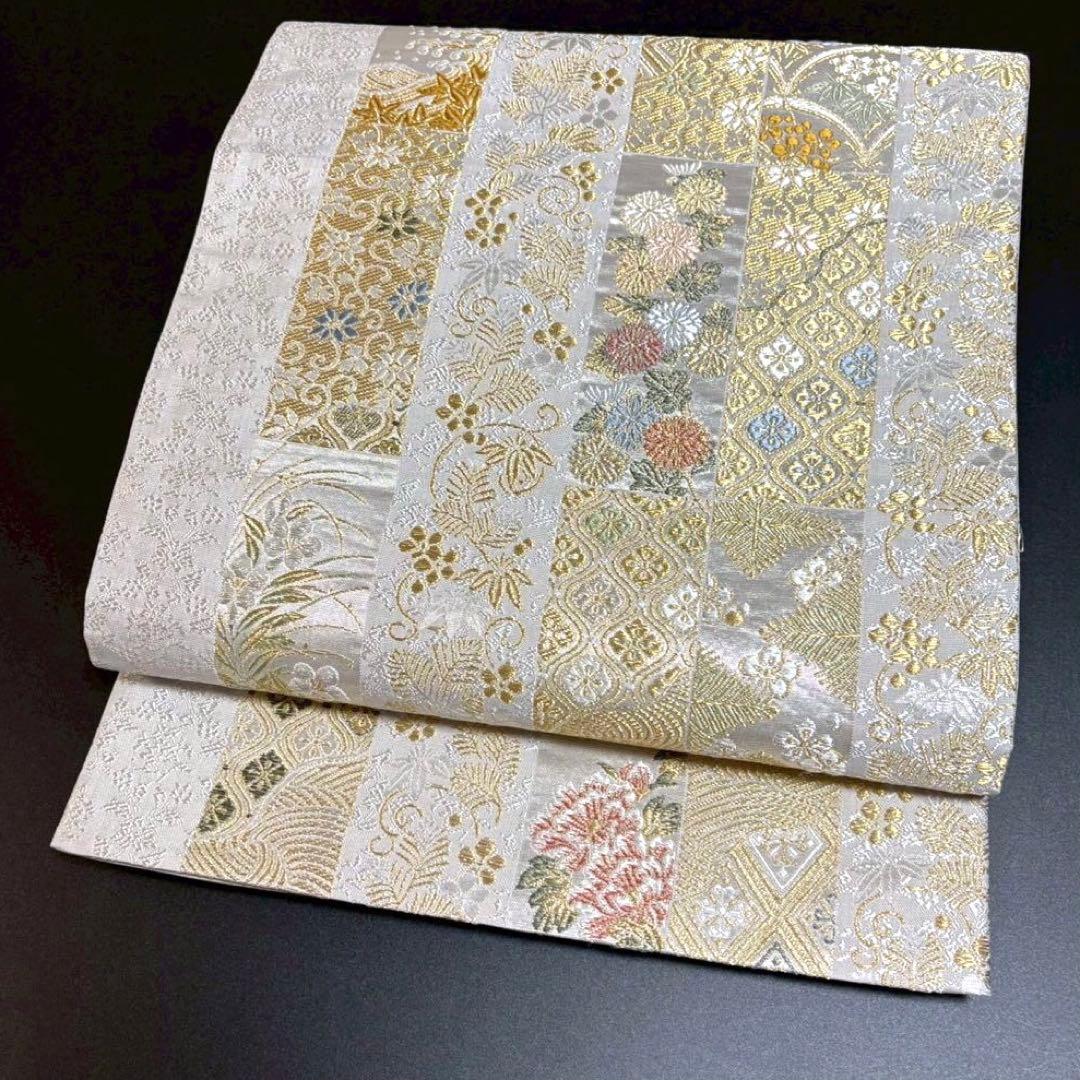 6156# Japanese Vintage Fukuro Obi Belt Kimono Fabric Silk Traditional Silver