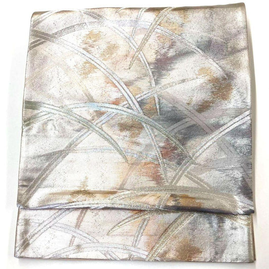 3033# Japanese Vintage Fukuro Obi Belt Kimono Fabric Silk Traditional Silver