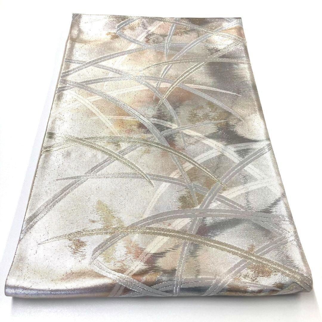 3033# Japanese Vintage Fukuro Obi Belt Kimono Fabric Silk Traditional Silver