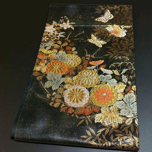 6151# Japanese Vintage Fukuro Obi Belt Kimono Fabric Silk Traditional Black