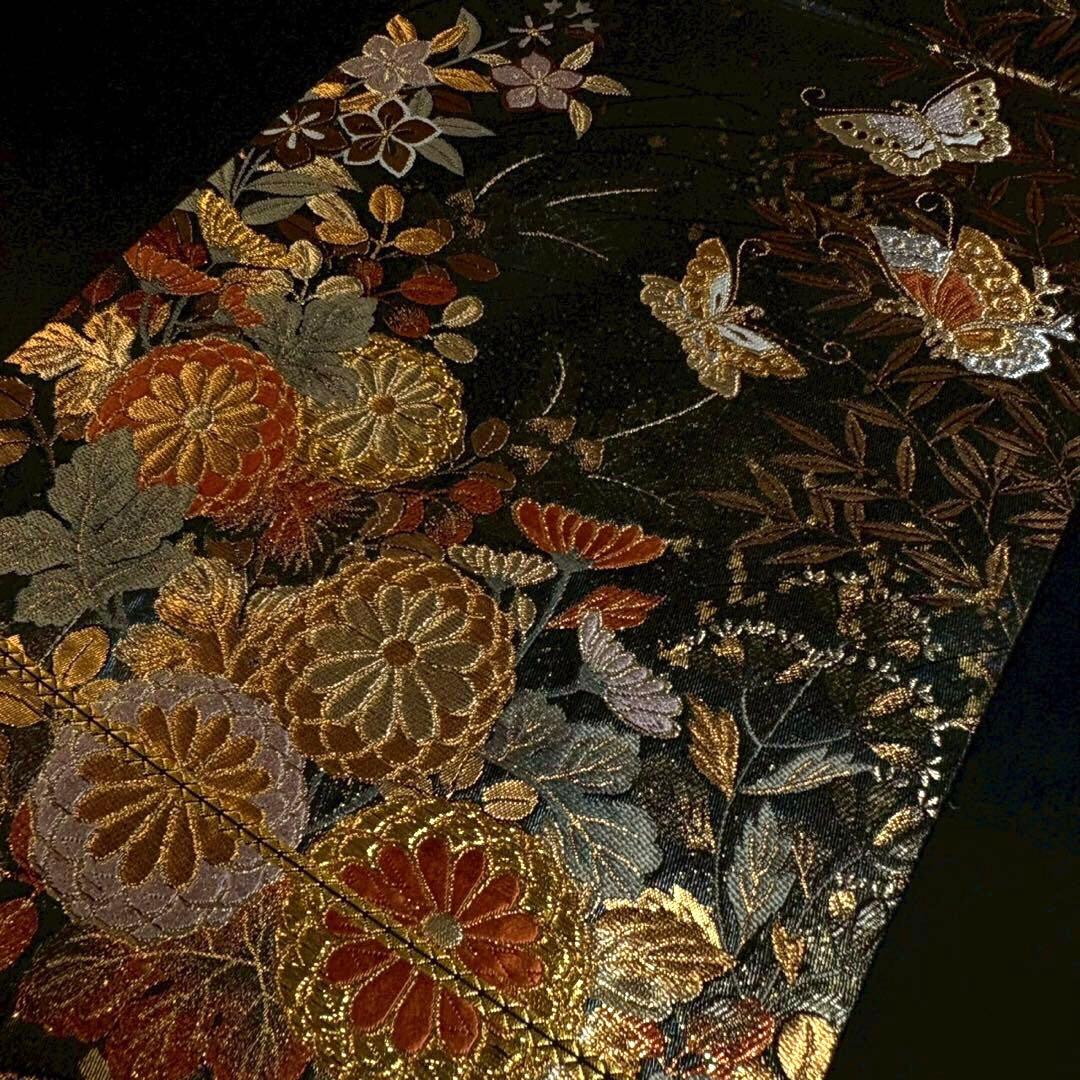 6151# Japanese Vintage Fukuro Obi Belt Kimono Fabric Silk Traditional Black