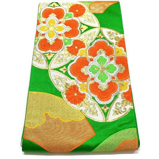 3755# Japanese Vintage Fukuro Obi Belt Kimono Fabric Silk Traditional Green