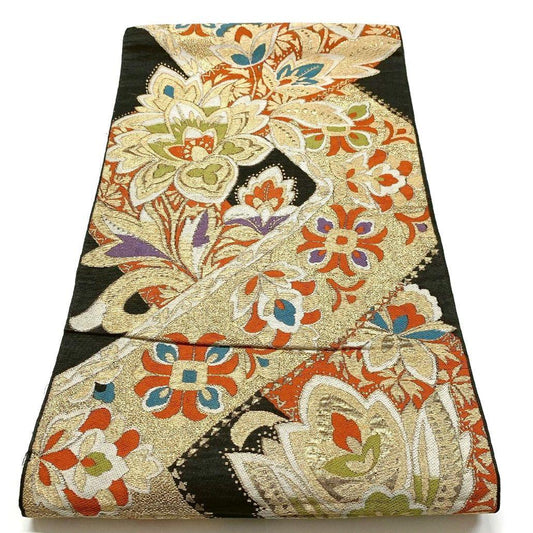 4141# Japanese Vintage Fukuro Obi Belt Kimono Fabric Silk Traditional Black