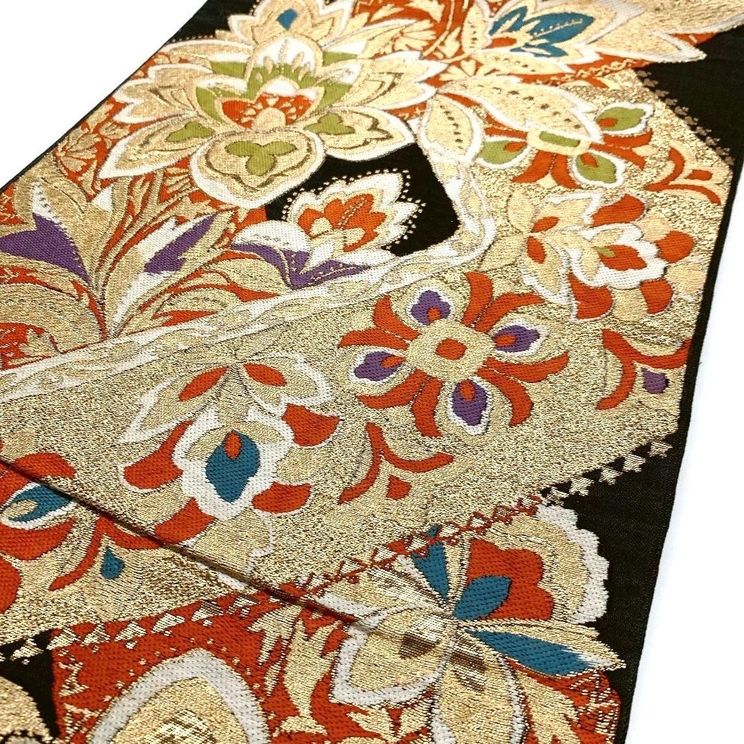 4141# Japanese Vintage Fukuro Obi Belt Kimono Fabric Silk Traditional Black